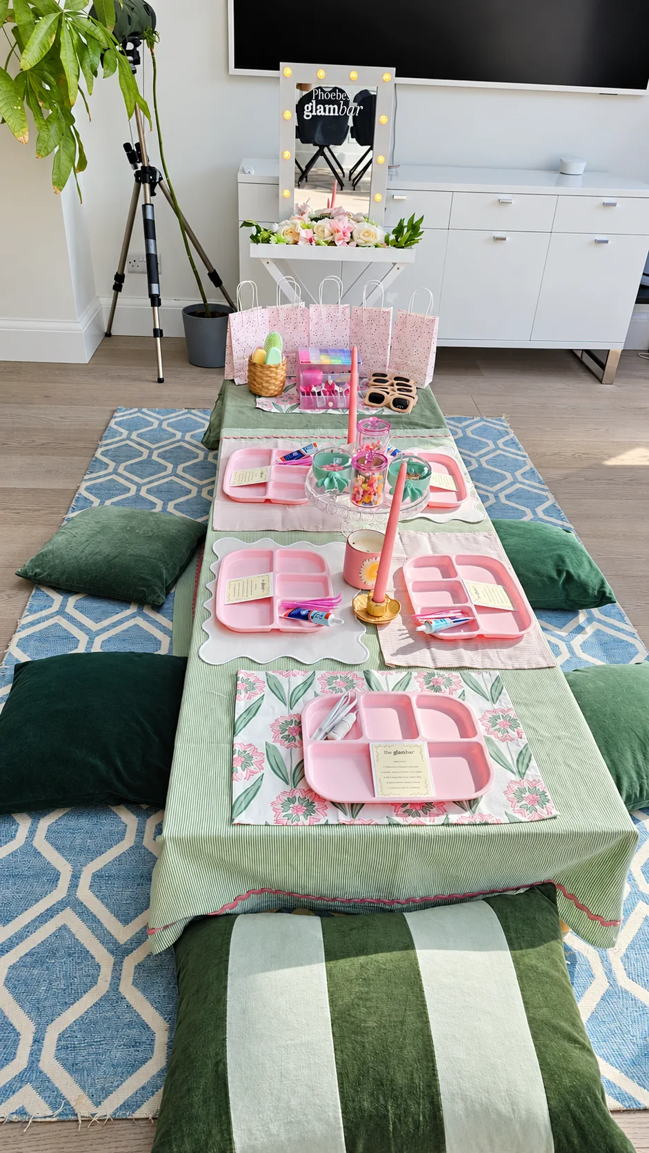 AI-enhanced photograph of a Saybah Glam Bar floor-table setup
