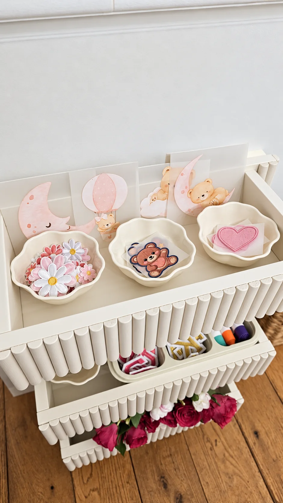 Patches arranged in bowls on Saybah’s materials trolley